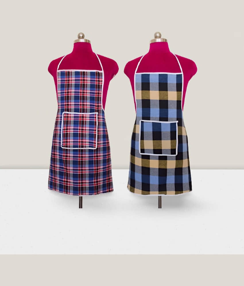 CreadCraft Cotton Checks Kitchen Apron with 1 Center Pocket ( Pack of 2 )