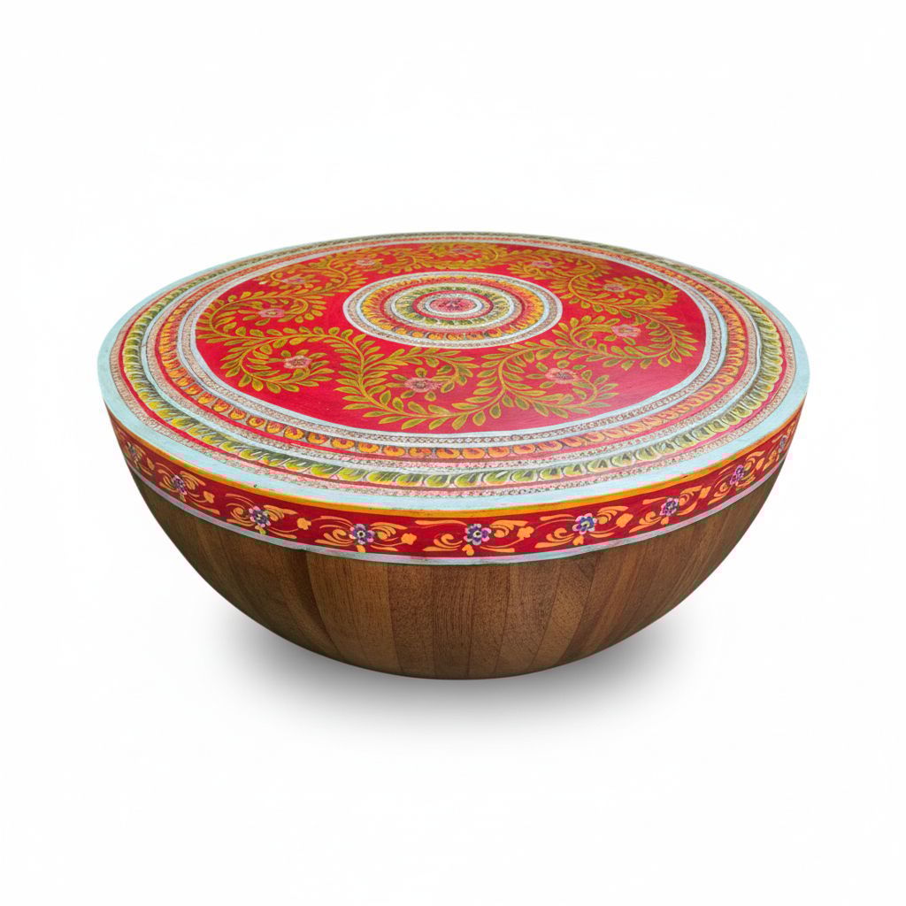 Hand-Painted Wooden Decorative Bowl with Floral Patterns