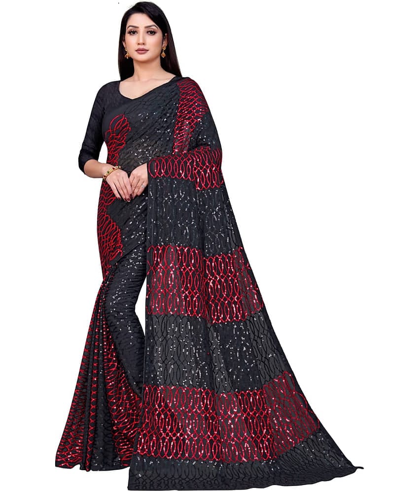 KV Fashion Georgette Embroidered Regular Saree With Unstitched Blouse Piece ( Red )