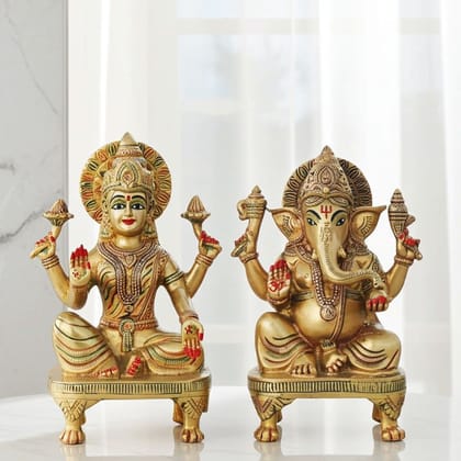 Brass Laxmi Ganesh Pair God Idol | Diwali Puja Murti Set, Height : 9.5 Inch (BSMAS1285)