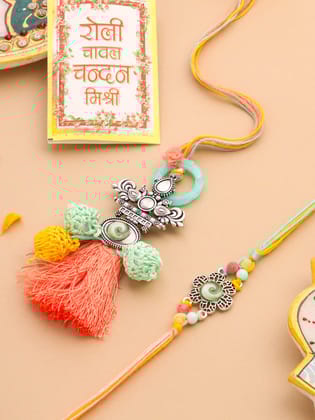 NVR Set of 2 Artificial Beads Traditional Bhaiya Bhabhi Pair Rakhi Set with Roli Chawal Chandan & Mishri-One Size / Multicolor
