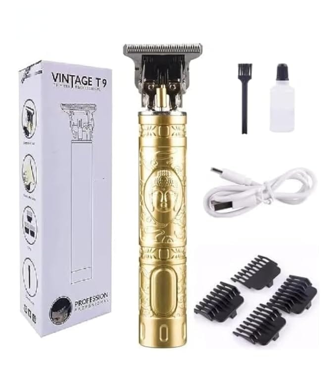 Vintage T9 Professional Hair Trimmer, Gold, Waterproof, Rechargeable, with Accessories