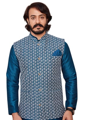 Men's Kurta Pajama Set with Exquisite Lakhnavi Work Jacket-S / Firozi