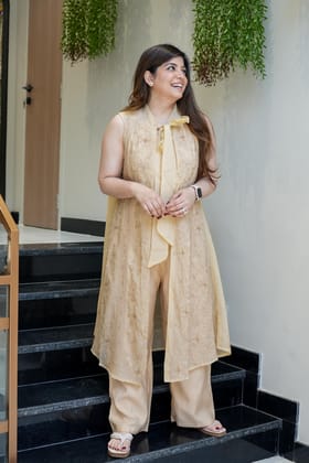 Rehm Beige Thread Embroidered Co ord Sets-M