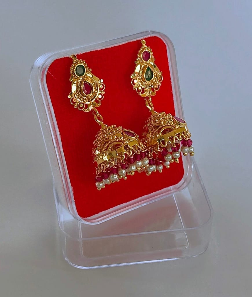 Gold Plated Pearl and Stone Jhumka Earrings