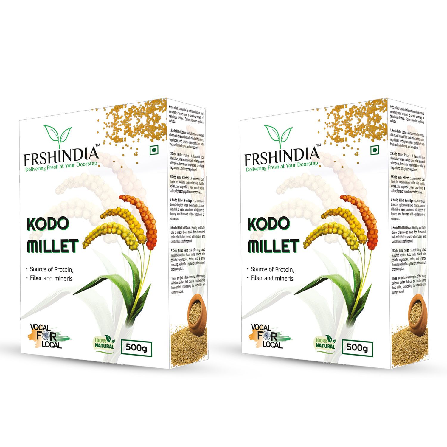 FRSHINDIA Kodo Millet Natural Grains 1kg (500g x 2 Packs) | Native Low GI High Protein Kodo Millet (1 kg, Pack of 2)