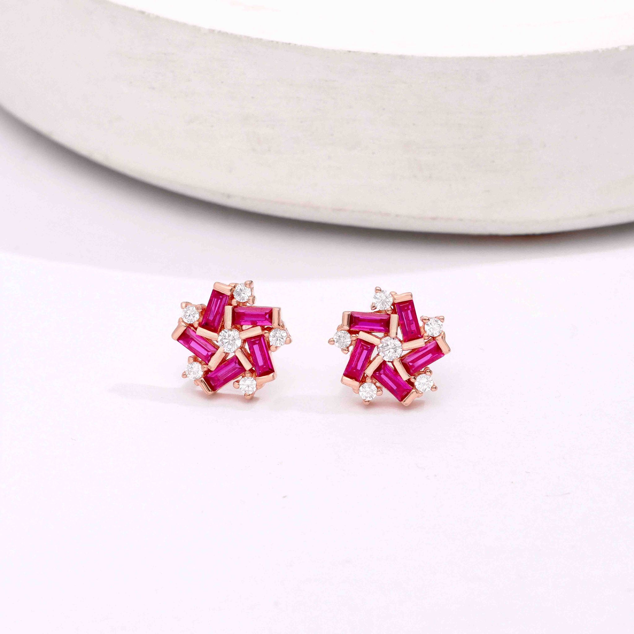 Sterling Silver Rose Gold Colourful Floral Stud Earrings-Pink Stone / Rose Gold