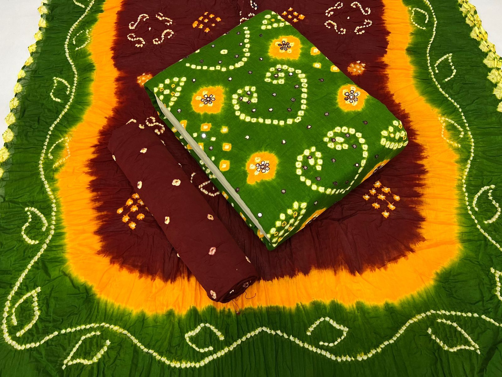 Cotton Satin Heavy Barik Bandhej and mirror work Bandhani Dress Material-Unstitched / Green-Rust