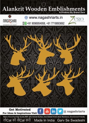 Brand Zero MDF Reindeer Face Decorative Embellishments Small Size - Pack of 6 Different Designs