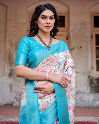 White and Aqua Floral Design Banarasi Silk Saree with Zari Weave and Tassel-Embellished Pallu-Regular