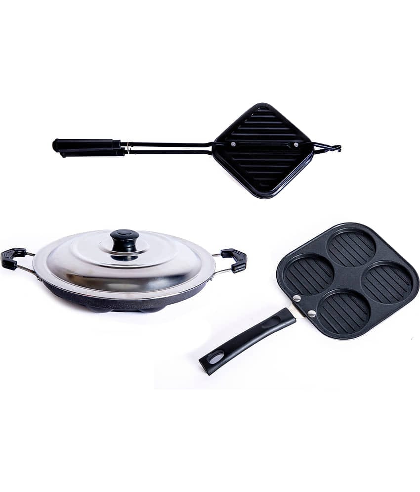 Homepro Non-Stick Set ,Appam Patra with Steel Lid 12 Cavity,Mini Uttapam 4 Cavity, Grill Toaster (Pack of 3)