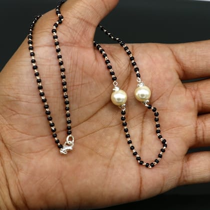 925 sterling silver black beads chain necklace, vintage stylish fancy necklace, traditional style brides Mangalsutra necklace India set218-16