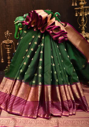 Green  Korvai Kanjivaram Pure Silk Saree  with zari buttas and Pink borders | SILK MARK CERTIFIED