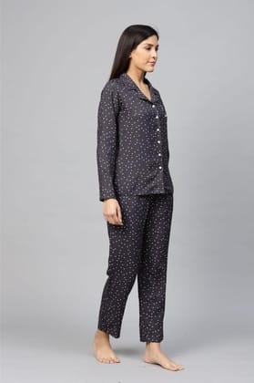 Women's Casual Full Sleeves Polka Dot Printed Rayon Shirt with Pyjama Pant Night Suit Set (Grey, L)-PID48565 Women's Casual Full Sleeves Polka Dot Printed Rayon Shirt with Pyjama Pant Night Suit Set (Grey, L)-PID48565