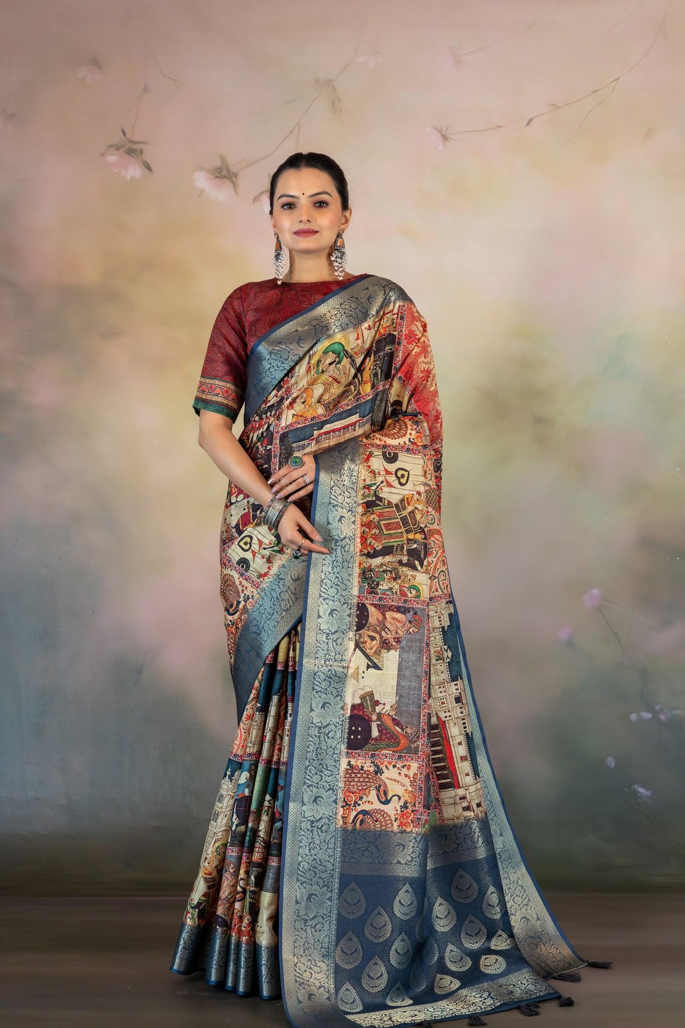 Rich Block Print Jacquard Saree