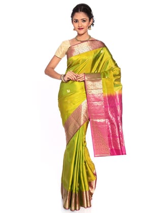 Elegant Lime Green Kanjivaram Silk Saree with Peacock Motifs