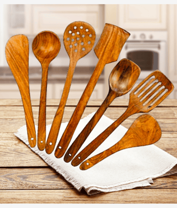 VillWin Wooden Serving & Cooking Spoon Set of 7, Handmade Wooden Spatula Set for Cooking, Non Stick Kitchen Tools, Turner, Ladle, Pasta & Frying Spoon, Natural Cookware