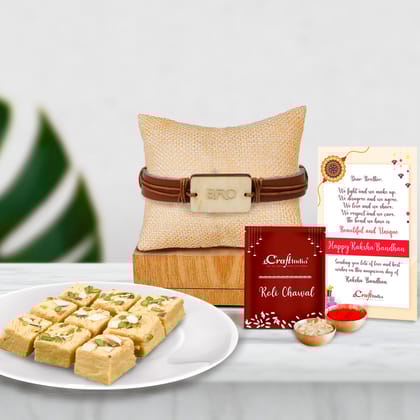 Designer Leather Bracelet BRO Rakhi with Soan Papdi (500 Gm) and Roli Chawal Pack, Best Wishes Greeting Card