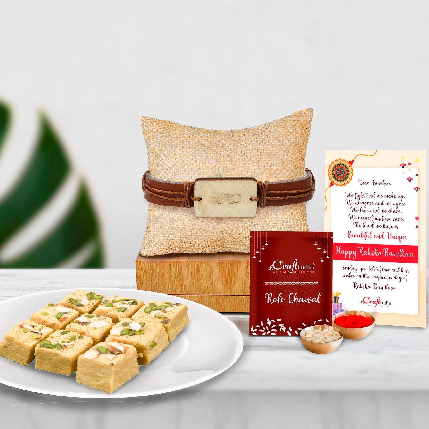 Designer Leather Bracelet BRO Rakhi with Soan Papdi (500 Gm) and Roli Chawal Pack, Best Wishes Greeting Card