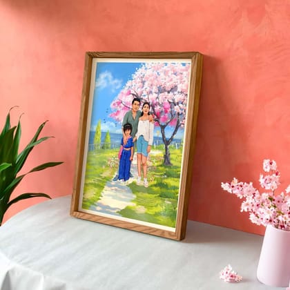Rectangle Photo based Family Illustration Portrait -  Family under Cherry Blossom-1,2 / 12x16 inches / Canvas Roll