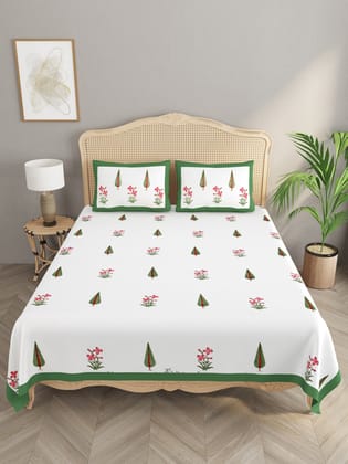 Double King Floral Print Bedsheet with 2 Pillow Covers-Hand Block / Double King (90X108 Inches) / Regular