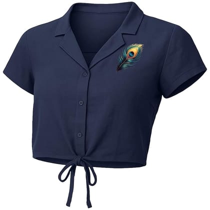 EqualLife Crop Top Shirt for Women-with Tie-Up Front, Button Down-Peacock Feather Front Print -EQCT900112