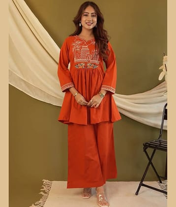 kedar fab Women Embroidered Tunic With Palazzos Co-Ord Set ( Orange )