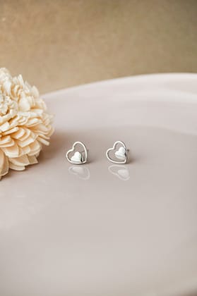 Yours And Mine Heart Rose Gold Plated Mini Sterling Silver Stud Earrings-Silver
