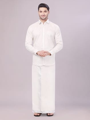 Mens Tissue Stripes Silver Shirt with Plain Jari Border Dhoti Wedding Combo Carter-36 / F/S / Silver