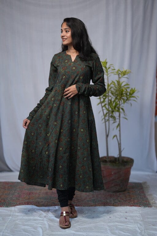 Rivaaj Ethnic Aarvi Ajrakh Kali Kurta (Size M) | Green Handblock Print Cotton | Chudi Sleeves | Traditional Festive Wear
