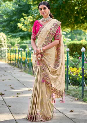 Golden Beige Woven Banarasi Designer Silk Saree With Embroidered Blouse