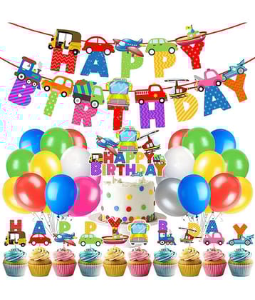Zyozi 37 pcs Transportation Birthday Party Decorations for Boys, Traffic Vehicle Theme Decoration for Boys, Happy Birthday Banner,Cake And Cup Cake Topper,Balloons,Transportation Party Supplies