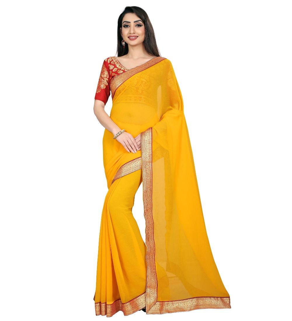Generic Women's Chiifon, Jacquard Blouse Saree (Yellow, 5 - 6 Mtrs)