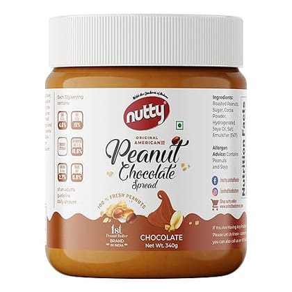 Nutty Peanut Chocolate Spread Creamy 340g, 100% Non-GMO, Vegan, Source of Protein & Dietary Fibre Food, 0% Trans-Fat, No preservatives, Flavored Peanut Butter Spread