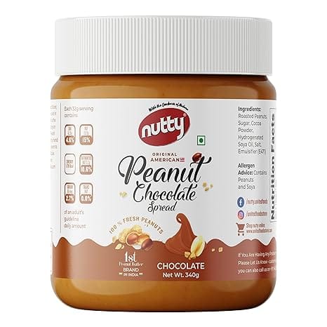 Nutty Peanut Chocolate Spread Creamy 340g, 100% Non-GMO, Vegan, Source of Protein & Dietary Fibre Food, 0% Trans-Fat, No preservatives, Flavored Peanut Butter Spread