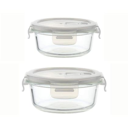 Femora Borosilicate Round Glass Food Storage Container with Air Vent Lid(Transparent) - 380 ML & 580 ML-Set of 2