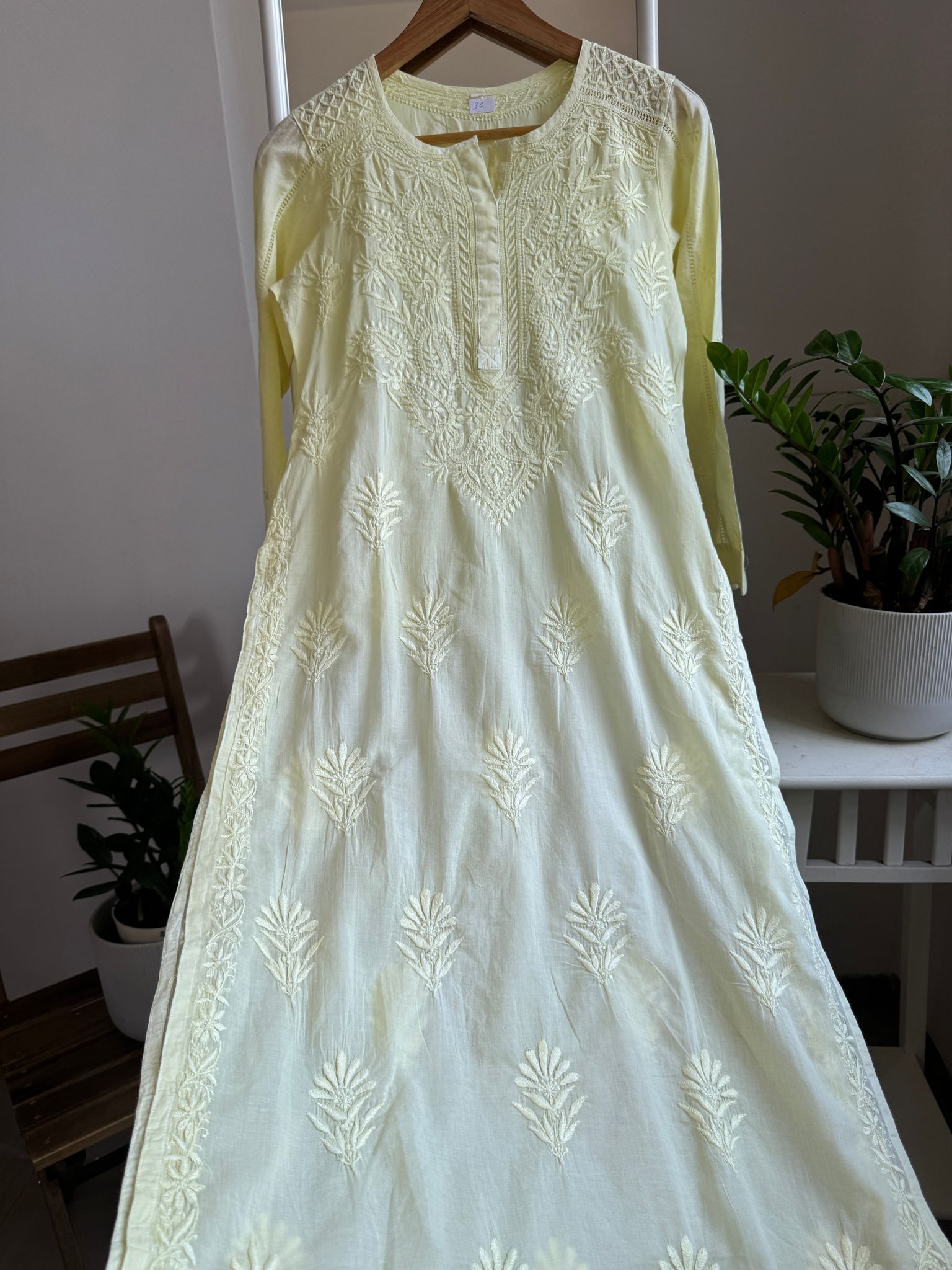 Mul Cotton Lemon Yellow Chikankari Kurti - Saaz Collection-Lemon Yellow / cotton / M