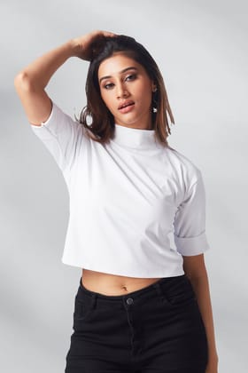 Casual Polo Neck Crop T-shirts - White-WHITE / L