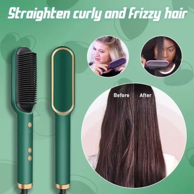 2 in 1 Ceramic Hair Straightener Brush for Women, Fast Straightening Comb Electric Hot with 30s Heating, Ionic Care, 5 Heat Settings, No Damage ( Multicolour ) ( 1 Pcs )