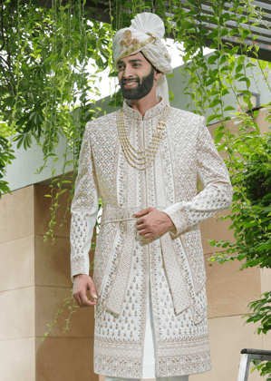 Ivory Thread Work Embroidered Sherwani-White