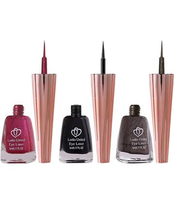 Looks United Metallic Long Lasting Intense Single Stroke Fashion Eyeliner (Metallic Blush Pink, Coal Black, Looks United Metallic Brunette Brown)Pack Of 3