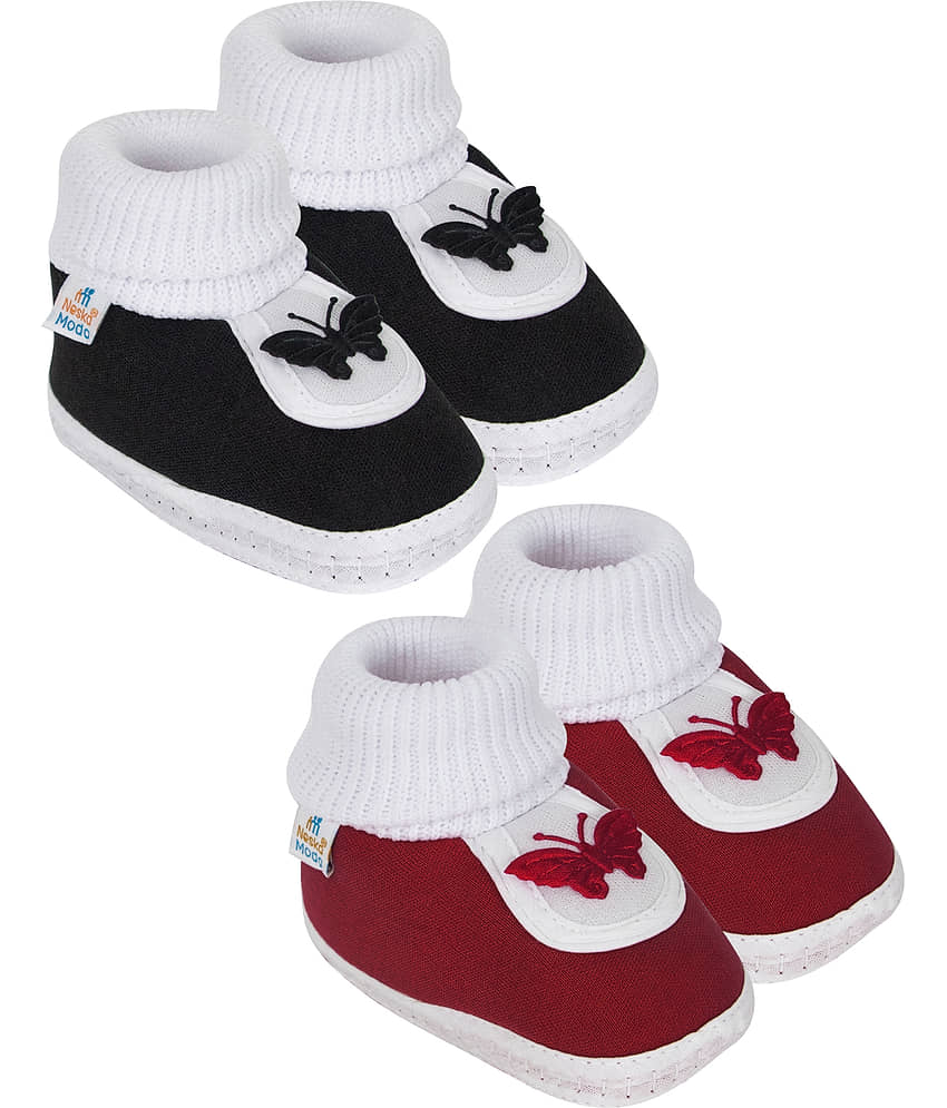 Neska Moda Set of 2 Pair Baby Boys & Baby Girls Butterfly Cotton Booties For 12 to 24 Months (Black,Maroon)
