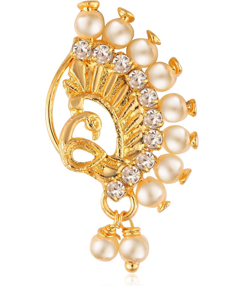 Vighnaharta Gold Plated with Peals Alloy and CZ stone Non Piercing Maharashtrian Nath Nathiya./ Nose Pin for women  [VFJ1089NTH-Press-White ]