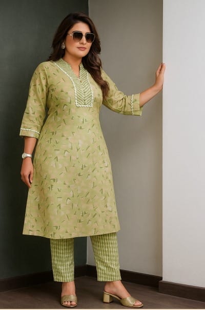 Cotton Pastel Green PrintedKurti Set