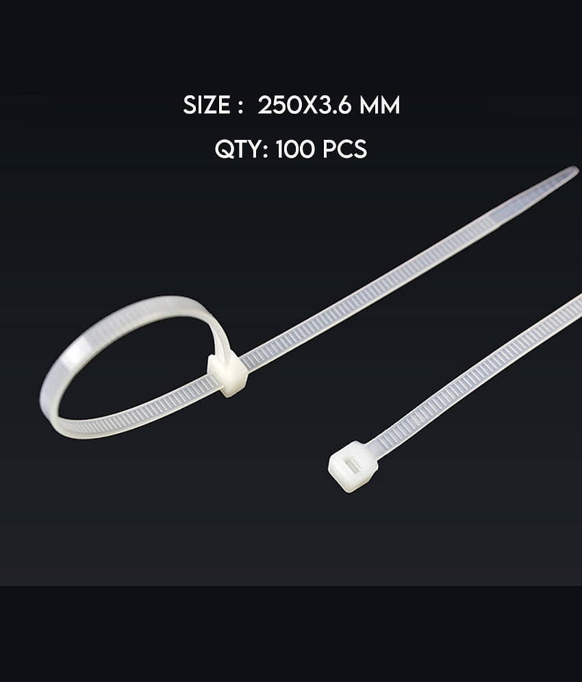 Teeth Grip Nylon Self Locking Cable Ties, White (250 mm x 3.6 mm, Pack of 100) Cable Tie