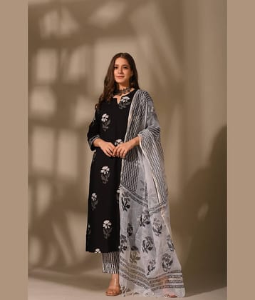Royal Export Pack of 1 Cotton Blend Printed Straight Women's Kurti - ( Black )
