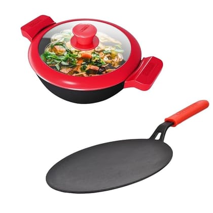 GEMMA Cookware Combo of 2,  Cast Iron Kadhai with Glass Lid and Roti Tawa-Kadai 3 Liter / Red