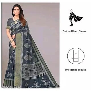 Grey Colour Cotton Printed saree With Blouse Piece