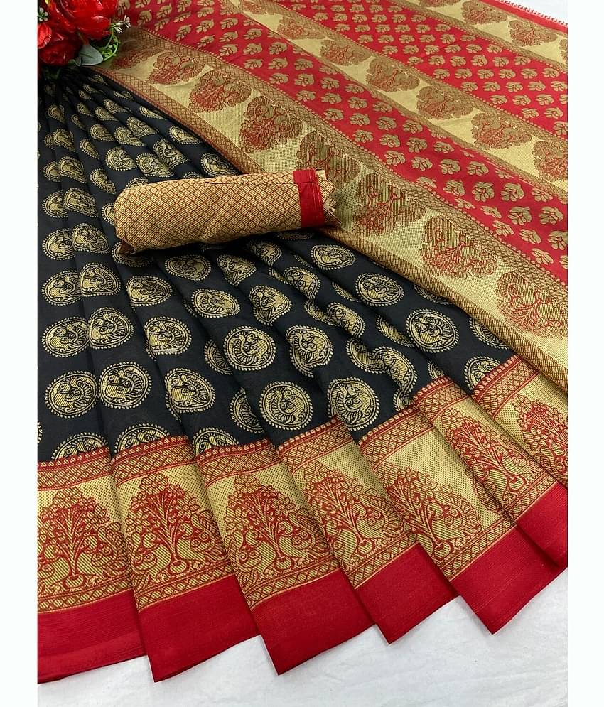 Vkaran Cotton Silk Woven Saree With Unstitched Blouse Piece ( Black )