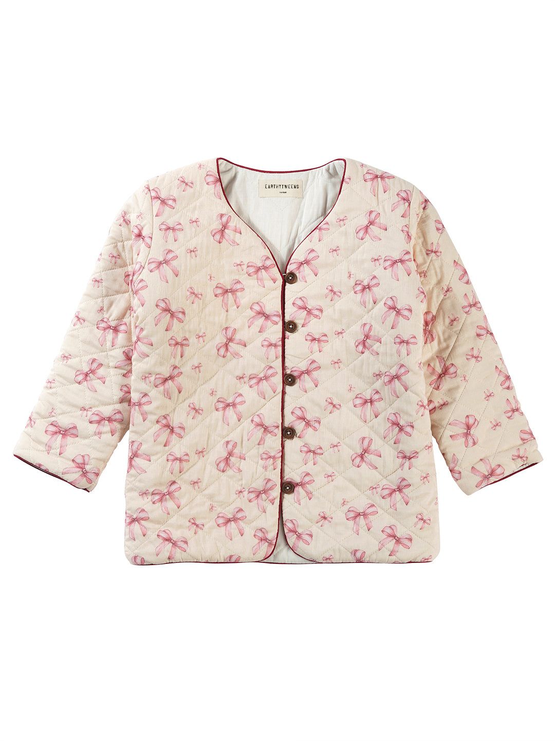 Natural Cotton Quilted Jacket - Pink Bow Print-5-6 years